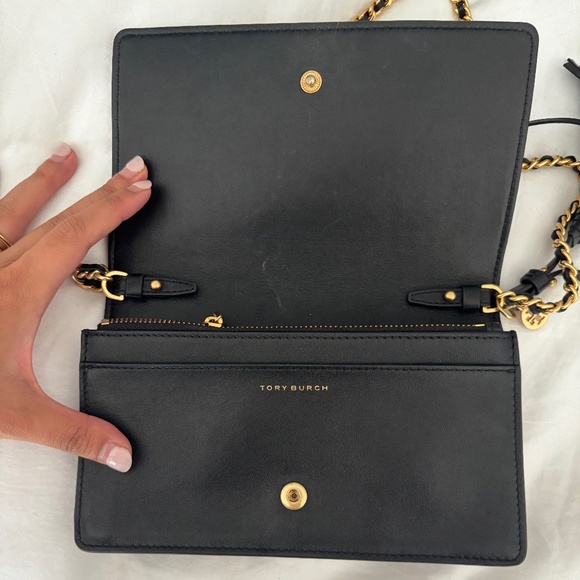 Tory Burch Star Studded Crossbody Wallet Black with Gold Stars - Picture 2 of 4